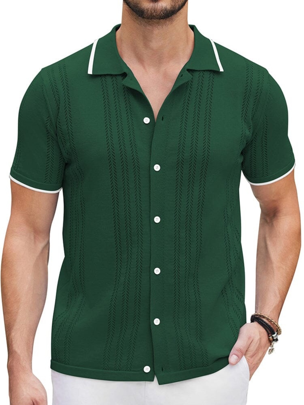Men's Green Short-Sleeve Button-Down Knit Shirt with White Trim